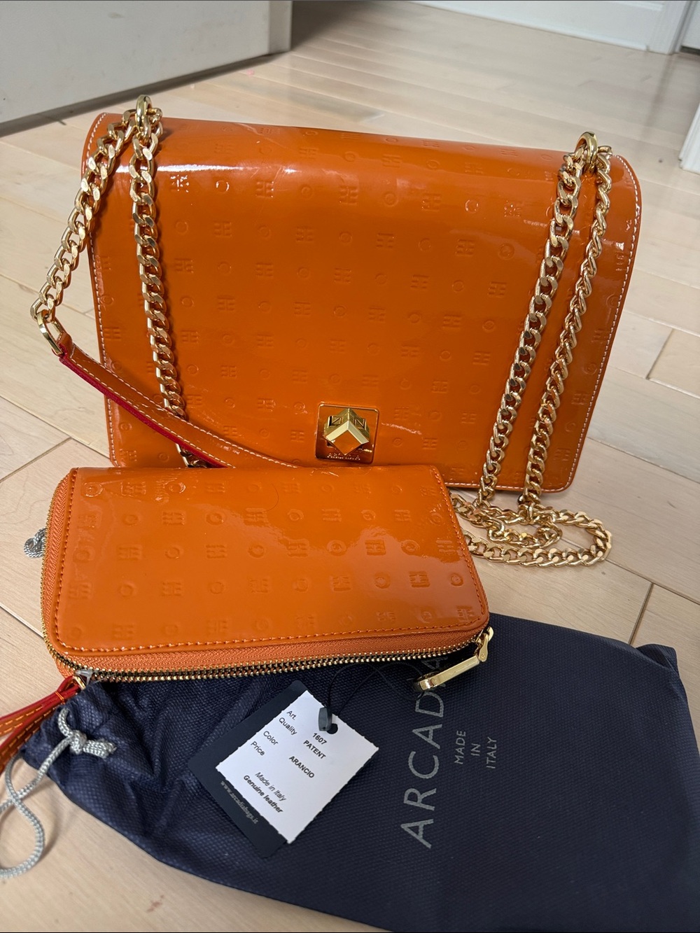 Arcadia Glossy Orange Patent Crossbody Bag with Matching Wallet